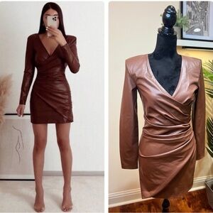 Zara Brown Ruched Wrap Dress Long Sleeve V-Neck